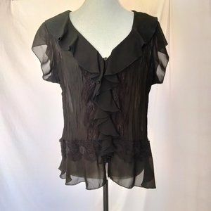 Separates NYC Design Black V-Neck Ruffle Sheer Lace Crinkle Blouse Top Size L.
